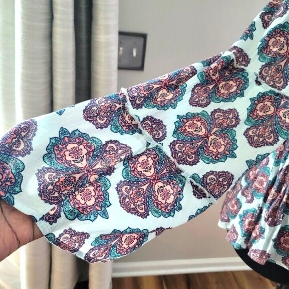 Red Camel Women Plus Floral Boho Chic Coral Blue Flounce Tunic Top Blouse 1X - Picture 4 of 6